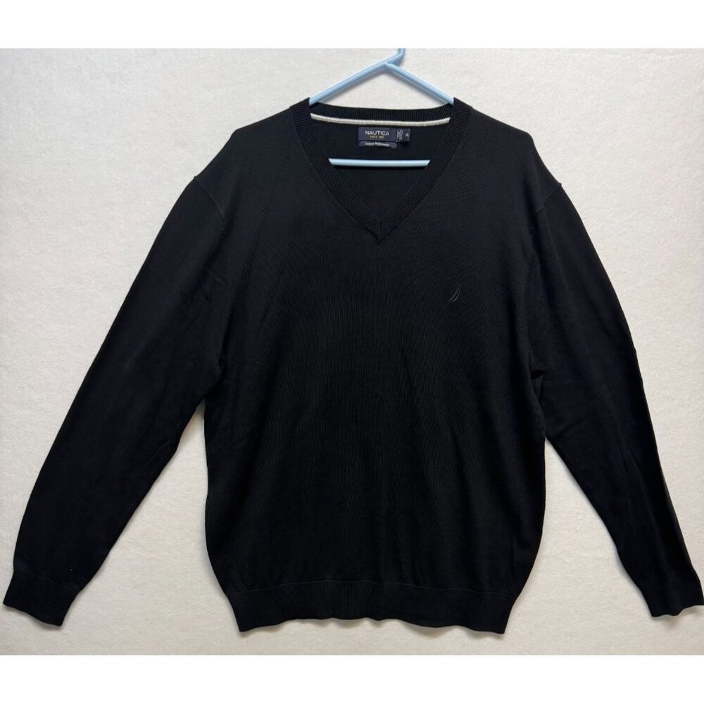 Nautica Mens Black V-Neck Sweater XL Luxury Performance Cotton Blend